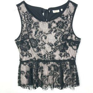 Deletta Anthropologie Top Womens Large Black Lace Peplum Keyhole Tie Back Blouse